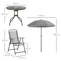 Outsunny 6 Piece Garden Dining Set with Umbrella, Outdoor Dining Sets with Parasol, 4 Folding Dining Chairs & Round Tempered Glass Table, Grey(m-3)