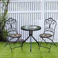 Outsunny Set de 2 Sillas de Jardín Plegables con Asiento de Mosaico Cerámico y Marco de Metal Carga 120 kg para Bistró Terraza Patio Exterior 40x50x92 cm Negro(m-2)