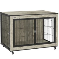 PawHut Dog Crate Furniture with Wheels, Double Doors, for Medium Dogs, Grey(m-1)