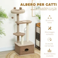 PawHut Albero Tiragraffi per Gatti con Lettino, Casetta e Piattaforme, in Legno e Cashmere, 48x40x133 cm, Marrone(m-5)