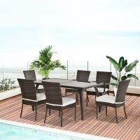 Outsunny 6 Seater Rattan Dining Set with Cushions, Rattan Garden Furniture Set, Outdoor Dining Table and Chairs with 6 Stackable Armchairs, Rectangular Glass Top Table for Patio, Balcony, Brown(m-2)