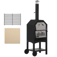 Outsunny Outdoor Garden Pizza Oven Charcoal BBQ Grill 3-Tier Freestanding w/ Chimney, Mesh Shelf, Thermometer Handles, Wheels Garden Party Gathering Stainless Steel Cooker(m-11)