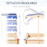 Outsunny Sabbiera per Bambini in Legno con Panca e Tettuccio Parasole Regolabile, 120x120x120cm, Colore Legno e Blu(m-4)