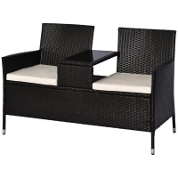 Outsunny 2 Seater Rattan Campanion Chair Wicker Loveseat Outdoor Patio Armchair with Drink Table Garden Furniture - Dark Brown(m-11)