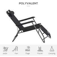 Outsunny Chaise Longue inclinable transat Bain de Soleil fauteuil relax jardin 2 en 1 Pliant têtière Amovible Charge Max. 136 Kg Toile Oxford Facile d'entretien Noir(m-7)