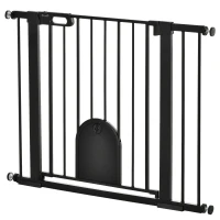 PawHut Dog Gate with Cat Flap Pet Safety Gate Barrier, Stair Pressure Fit, Auto Close, Double Locking, for Doorways, Hallways, 75-103 cm Black(m-11)
