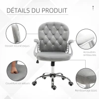 HOMCOM Fauteuil chaise de bureau style contemporain hauteur réglable roulettes pivotant velours 60 x 61 x 95-105 cm gris(m-6)