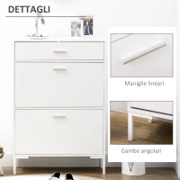 HOMCOM Mobile Scarpiera Moderno per 12 Paia di Scarpe con 2 Ante a Ribalta e Cassetto, 76x26x110 cm, Bianco(m-7)