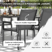 Outsunny Salon de jardin 7 pièces avec 1 table à manger et 6 chaises - plateau en verre trempé effet grain de bois, gris(m-4)