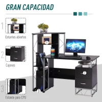 HOMCOM Escritorio con Estantería Librería Mesa de Ordenador PC con Superficie de 110 cm 2 Cajones y Múltiples Estantes para Oficina Estudio Despacho 133x55x123 cm Negro(m-4)