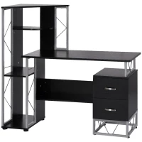 HOMCOM Escritorio con Estantería Librería Mesa de Ordenador PC con Superficie de 110 cm 2 Cajones y Múltiples Estantes para Oficina Estudio Despacho 133x55x123 cm Negro(m-11)