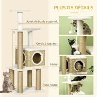 PawHut Arbre à chat griffoirs sisal naturel niche plateformes jeux boule suspendue peluche courte hauteur 128 cm beige(m-5)