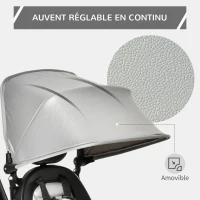 HOMCOM Tricycle Enfant évolutif Pliable - Pare-Soleil, Canne télescopique Amovible - siège pivotant, Harnais, Arceau sécurité - Repose-Pied - 3 paniers Rangement - métal PP Gris Noir(m-7)