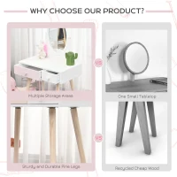 HOMCOM Kids Dressing Table w/ Mirror 2-Drawer Cute Heart Handles Bedroom Play Room Storage Elegant Wood Legs -White&Pink(m-4)