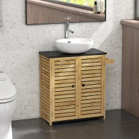 HOMCOM Mobile Sottolavabo Bagno con 2 Ante a Doghe, Porta Asciugamani e Intaglio a U, Legno e Nero(m-2)