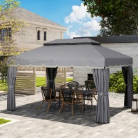 Outsunny Cenador para Jardín 4x3 m Pérgola de Jardín Gazebo con Doble Techo Paredes Laterales Anti-UV y Mosquiteras Gris(m-7)
