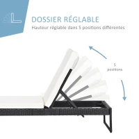Outsunny Lot de 2 transats bains de soleil design - grand confort - matelas déhoussable crème, inclinaison réglable multi-positions - table basse - résine tressée 4 fils noir(m-5)