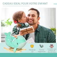 HOMCOM Jouet à Bascule Baleine - Effet sonore Chant Baleine - Fauteuil intégré, Ceinture de sécurité - Bois peuplier Peluche Courte Polyester Turquoise Clair(m-4)