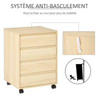 HOMCOM Caisson de bureau rangement bureau sur roulettes 4 tiroirs coulissants en bois aspect bois clair(m-6)