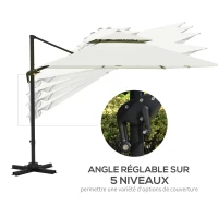 Outsunny Parasol déporté carré 3 x 3 m double toit inclinable pivotant manivelle lestage inclus métal polyester beige(m-5)