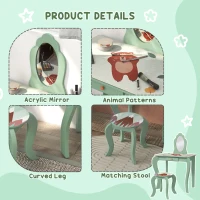 ZONEKIZ Kids Dressing Table with Mirror, Stool, Drawer, Cute Animal Design, Green(m-6)