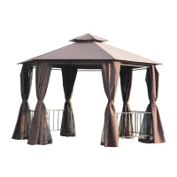 Outsunny 3 x 3(m) Hexagon Gazebo Patio Canopy Party Tent Outdoor Garden Shelter w/ 2 Tier Roof & Side Panel - Brown(m-1)