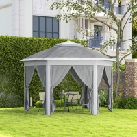 Outsunny 3 x 4m Garden Gazebo Hexagon Pop Up Gazebo Party Tent Canopy Double Roof Instant Shelter with Netting and Carry Bag for Outdoor Patio, Dark Grey(m-2)