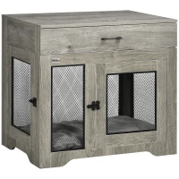 PawHut Dog Cage End Table with Two Doors, Drawer, for Medium Dogs - Grey(m-1)