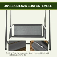 Outsunny Dondolo da Giardino 2 Posti con Cuscini e Tasche, in Acciaio e Textilene, 168x117x181 cm, Grigio Scuro(m-5)