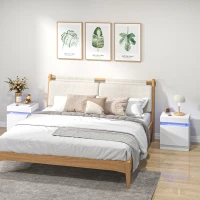 HOMCOM Set of 2 White Bedside Tables with LED Lights, High Gloss Front Nightstands with 4 Drawers(m-2)