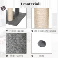 PawHut Albero Tiragraffi Accessoriato con Cuccia Lettino Sospeso e 2 Pedane in Peluche Grigio e Corda Sisal 60x49x130cm(m-7)
