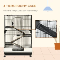 PawHut Four-Tier Small Animal Cage, for Bunnies, Ferrets, Chinchillas w/ Wheels, Tray - Black(m-4)