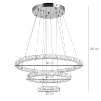 HOMCOM Lampadario a Sospensione con 3 Anelli Regolabili, Luci a LED e Cristalli, Ø60 x 110cm(m-3)