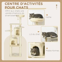 PawHut Arbre à chat arbre à grimper griffoir hauteur 171 cm avec 2 niches 6 plateformes 2 pompons suspendus beige(m-4)