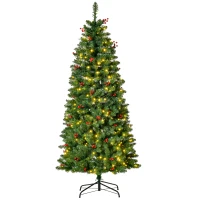 HOMCOM 5FT Prelit Artificial Pencil Christmas Tree with Warm White LED Light, Red Berry, Holiday Home Xmas Decoration, Green(m-1)