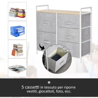 HOMCOM Cassettiera in Metallo Bianco e Legno con 5 Cassetti Pieghevoli e Rimovibili in Tessuto Grigio, 83Lx 29P x 77Acm(m-4)