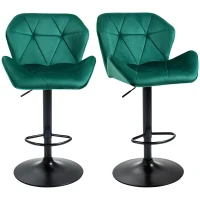 HOMCOM Bar Stools Set Of 2, Velvet-Touch Barstools with Metal Frame Footrest and Adjustable Height, Green(m-11)