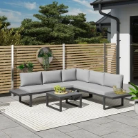 Outsunny 4 Pieces Garden Furniture Set, 5-Level Reclining Garden Corner Sofa Set, Outdoor Lounge Conversation Sectional with Cushions, Wood Effect Plastic Table, Black Frame & Light Grey Cushion(m-2)