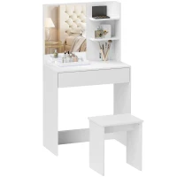 HOMCOM Tavolo da Trucco a 3 Ripiani e Cassetti con Specchio e Sgabello, in Truciolato, 75x40x137 cm, Bianco(m-1)