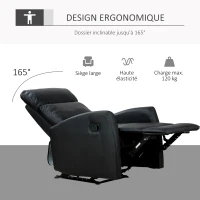HOMCOM Fauteuil de Relaxation inclinable 170° avec Repose-Pied Ajustable revêtement synthétique Noir(m-6)