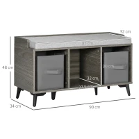 HOMCOM Mobile Scarpiera da Ingresso in Truciolato e Metallo con 3 Ripiani Aperti, 2 Cassetti e Seduta imbottita, 90x34x48 cm, Grigio(m-3)
