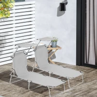 Outsunny 2 Pieces Outdoor Foldable Sun Lounger, 4 Level Adjustable Backrest Reclining Sun Lounger Chair with Angle Adjust Sun Shade Awning for Beach, Garden, Patio, Light Grey(m-10)