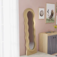 HOMCOM Espejo de Cuerpo Entero 160x50 cm Diseño Ondulado Marco con Tela de Terciopelo para Salón Dormitorio Beige(m-8)