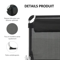 Outsunny Bain de soleil chaise longue pliante avec appuie-tête, transat inclinable en aluminium et textilène, transat jardin extérieur pour plage relax camping piscine terrasse, 165x60x76cm, noir(m-7)