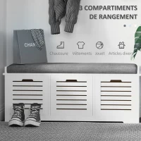 HOMCOM Banc à chaussures meuble à chaussures avec 3 tiroirs et coussin d'assise amovible, dim. 108l x 35P x 43H cm, blanc(m-4)