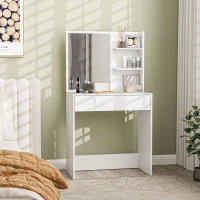 HOMCOM Tavolo da Trucco a 3 Ripiani e Cassetti con Specchio e Sgabello, in Truciolato, 75x40x137 cm, Bianco(m-9)