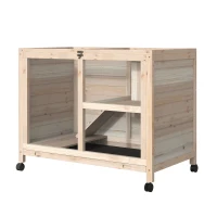 PawHut Rabbit Hutch Indoor Wooden Guinea Pig House Hamster Cage with Wheels, 2 Layers Bunny Cage with Openable Roof, 91.5 x 53.3 x 73 cm, Natural(m-11)