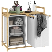 HOMCOM Cesto Portabiancheria con 2 Borse Estraibili, Maniglie e Ripiano in Bambù, 70x36x70 cm, Bianco