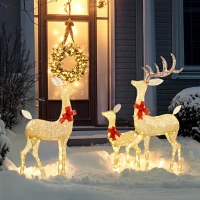 Outsunny Lighted Reindeer Christmas Decorations Outdoor, 3-Piece Light Up Deer Family Set of 3 with 283 LED Lights for Indoor, Lawn, Garden, Gold Tone(m-2)