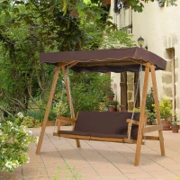 Outsunny 3 Seater Garden Swing Seat Outdoor Swing Chair with Adjustable Canopy, Wooden Hammock Bench with  Padded Cushions for Patio Yard, Brown(m-2)
